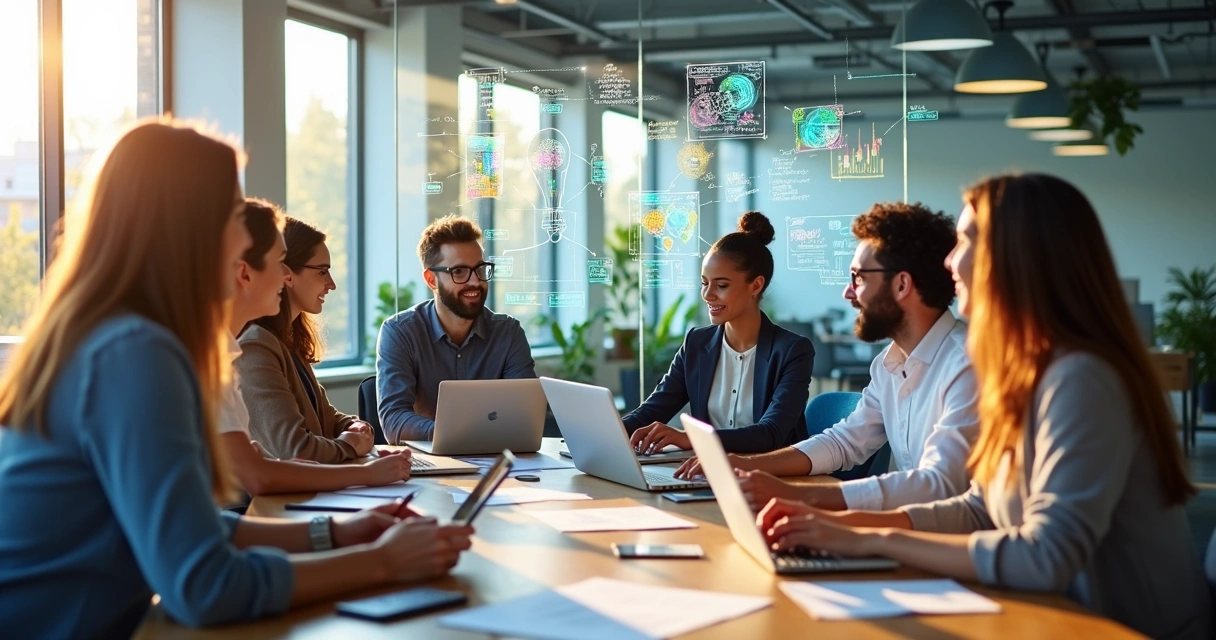 Equipe de startup em discussão com gráficos de inovação