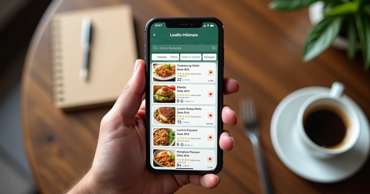 Tela de aplicativo de delivery em smartphone mostrando restaurantes