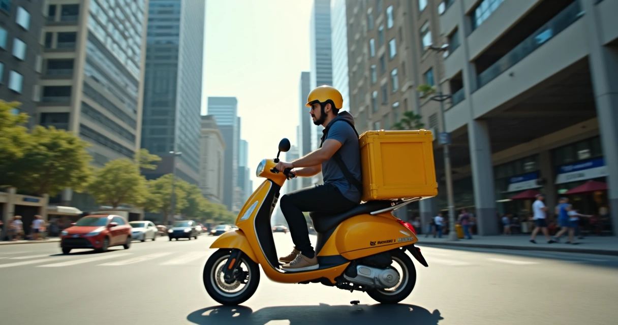Entregador de delivery em avenida movimentada de São Paulo