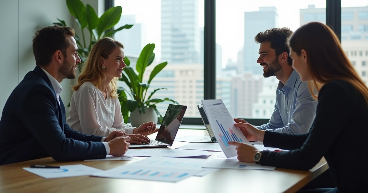Equipe analisando benchmarking de métricas SaaS em reunião presencial