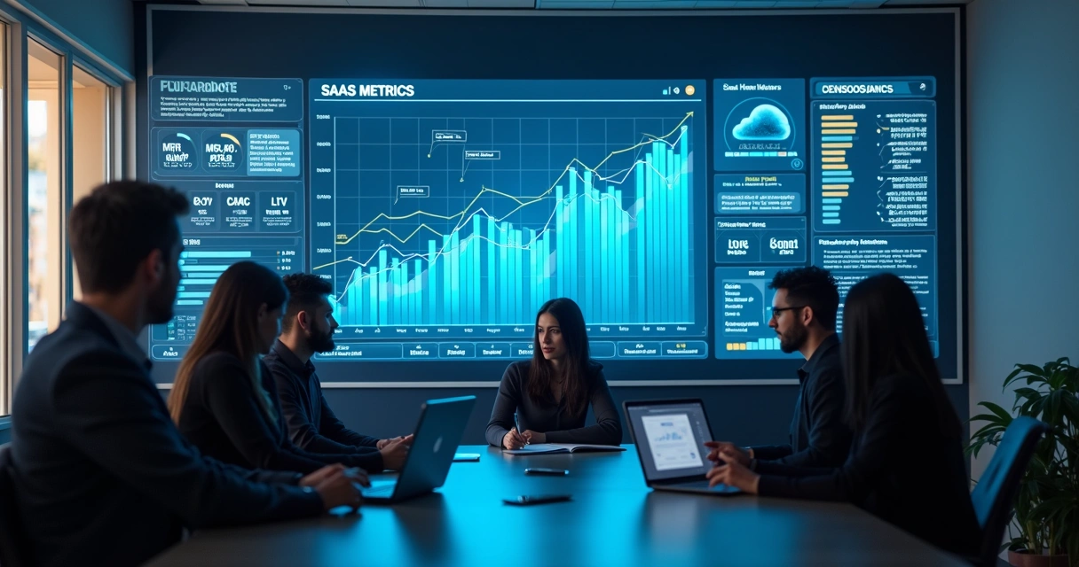 Painel com gráficos de métricas SaaS exibindo crescimento e churn em tela de computador