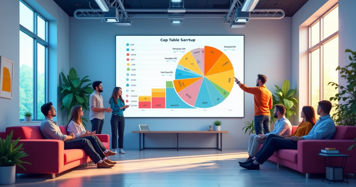 Gráfico colorido de cap table mostrando percentuais de sócios, investidores e colaboradores.