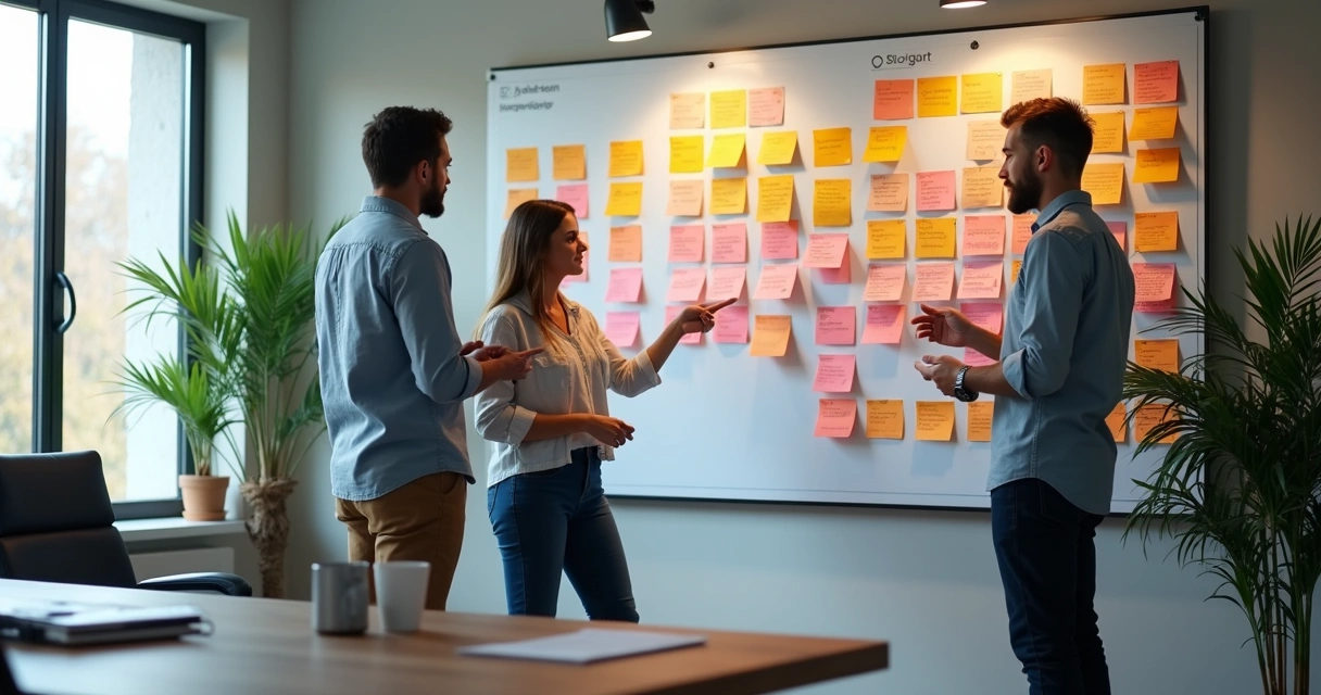 Quadro kanban colorido com cartões e equipe analisando tarefas em pé