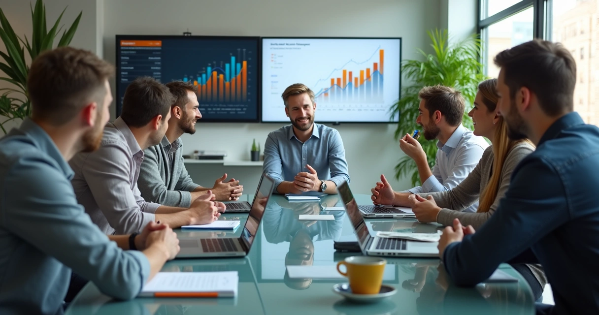 Equipe de startup conversa com investidores em ambiente moderno