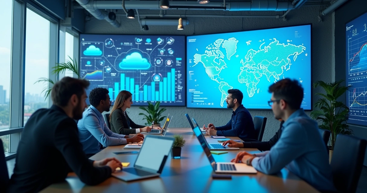 Profissionais em escritório com computadores, gráficos de crescimento e elementos de tecnologia no ambiente