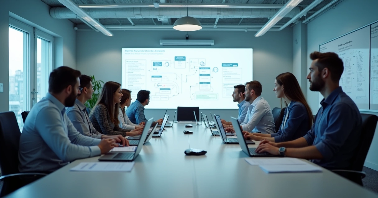 Equipe de tecnologia reunida em sala de reuniões com quadros e notebooks
