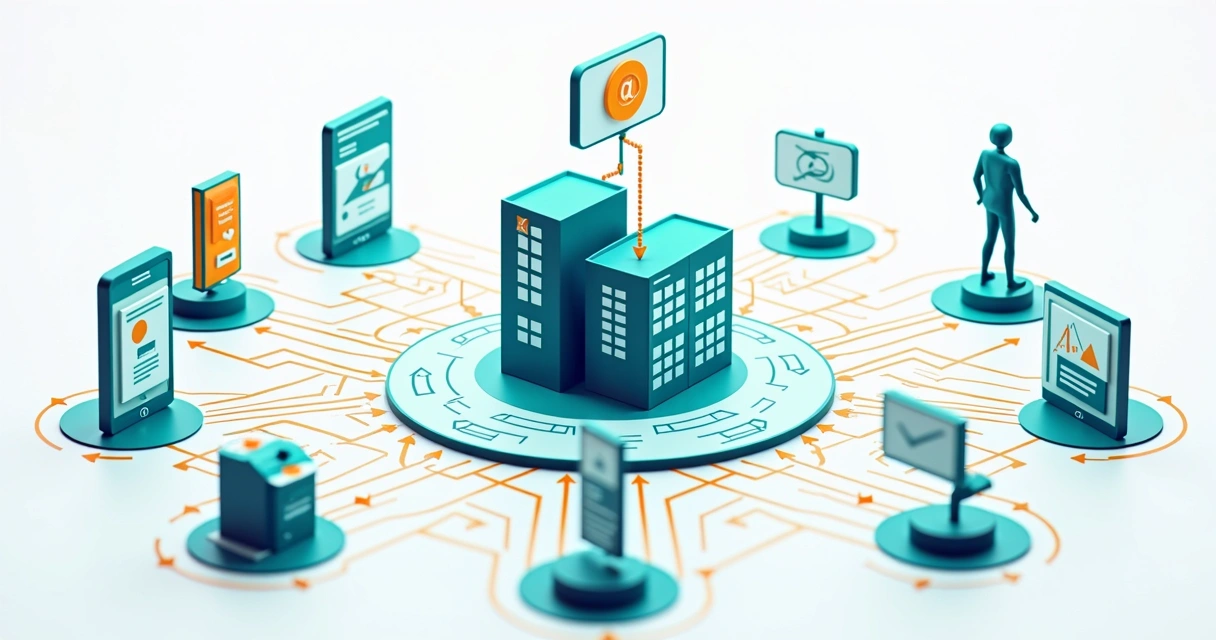 Gráfico com múltiplos canais digitais conectados no marketing B2B