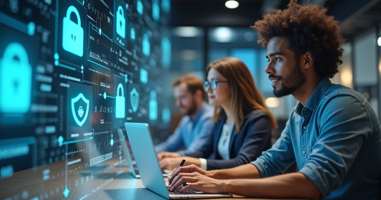 Time de startup trabalhado em laptops, com elementos gráficos de cadeado e escudo sobrepostos