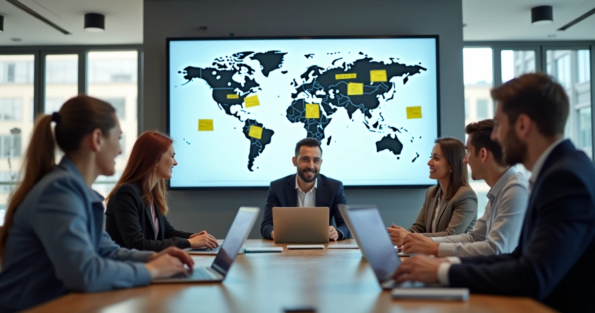 Equipe de startup em reunião internacional com laptops e gráficos