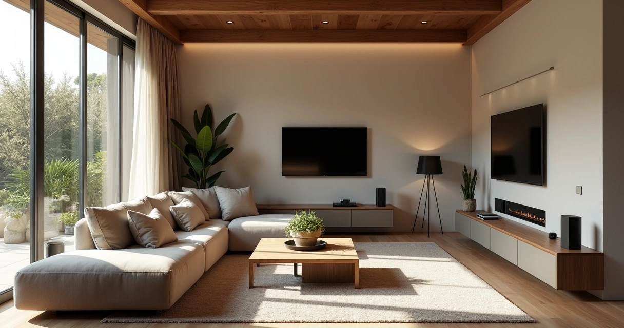 Sala de estar moderna com dispositivos inteligentes conectados e tela de controle na parede