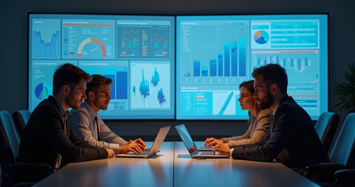 Equipe de startup analisando gráficos de desempenho em uma sala de reuniões