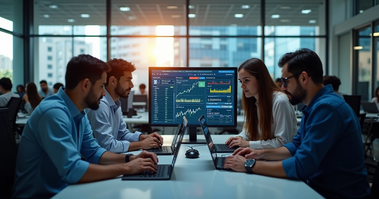 Equipe de startup em frente a computadores e gráficos de finanças no escritório