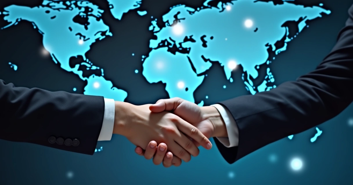 Aperto de mãos digital entre empresários de países diferentes