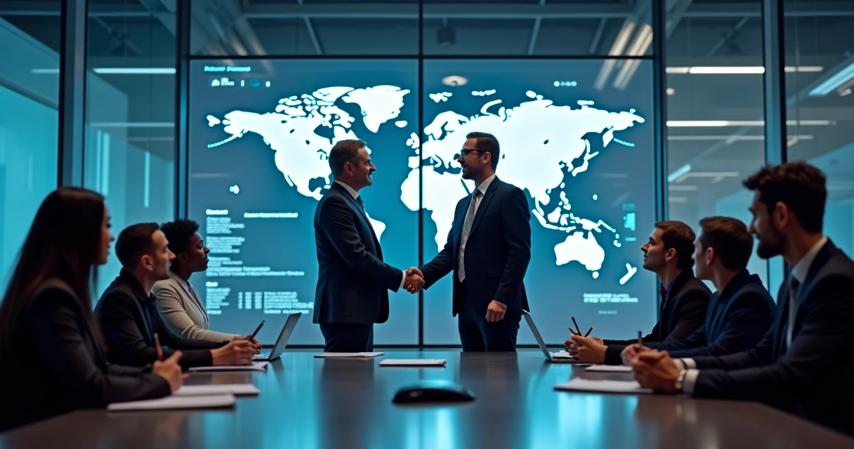 Aperto de mãos entre executivos de empresas de tecnologia em sala de reunião