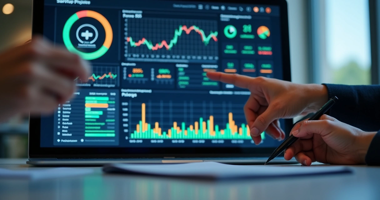 Slide com gráficos financeiros e projeções de receita