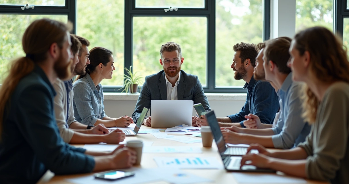 Equipe de uma startup em mesa de reunião discutindo políticas ESG