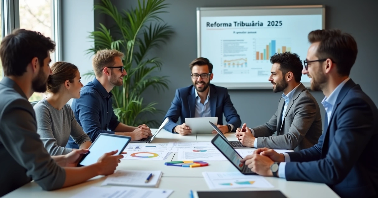 Equipe de startup discutindo plano tributário analógico com tablet e gráficos