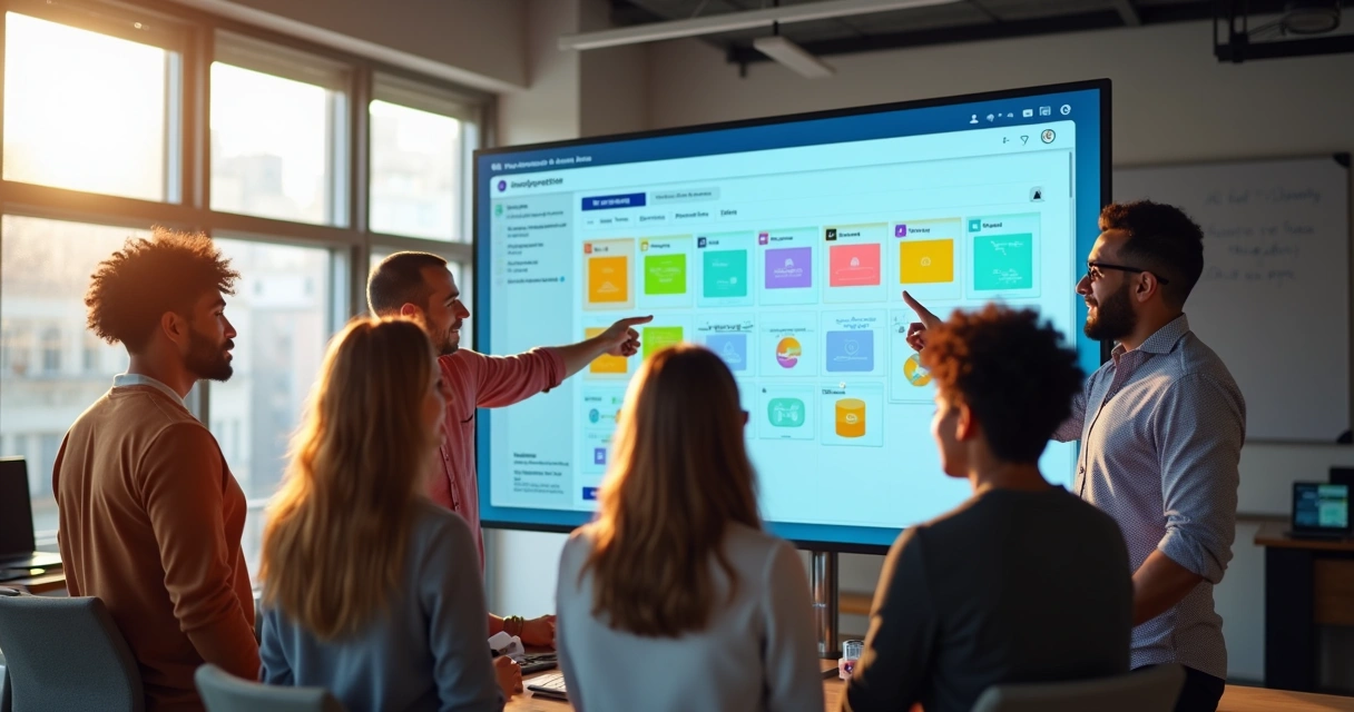 Equipe de startup colaborando em telas digitais com blocos de aplicações low-code