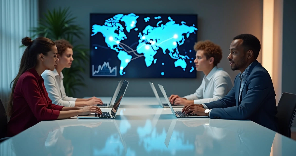 Equipe de tecnologia remota em mesa virtual com diversidade cultural.