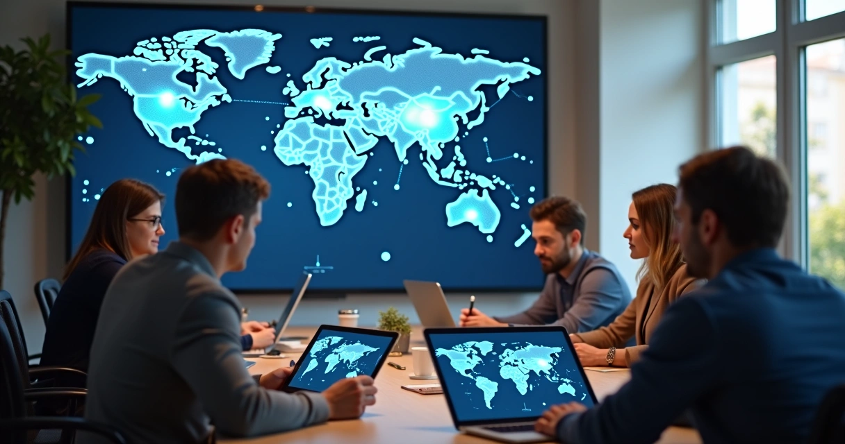Reunião de startup de tecnologia com candidatos globais em videoconferência.