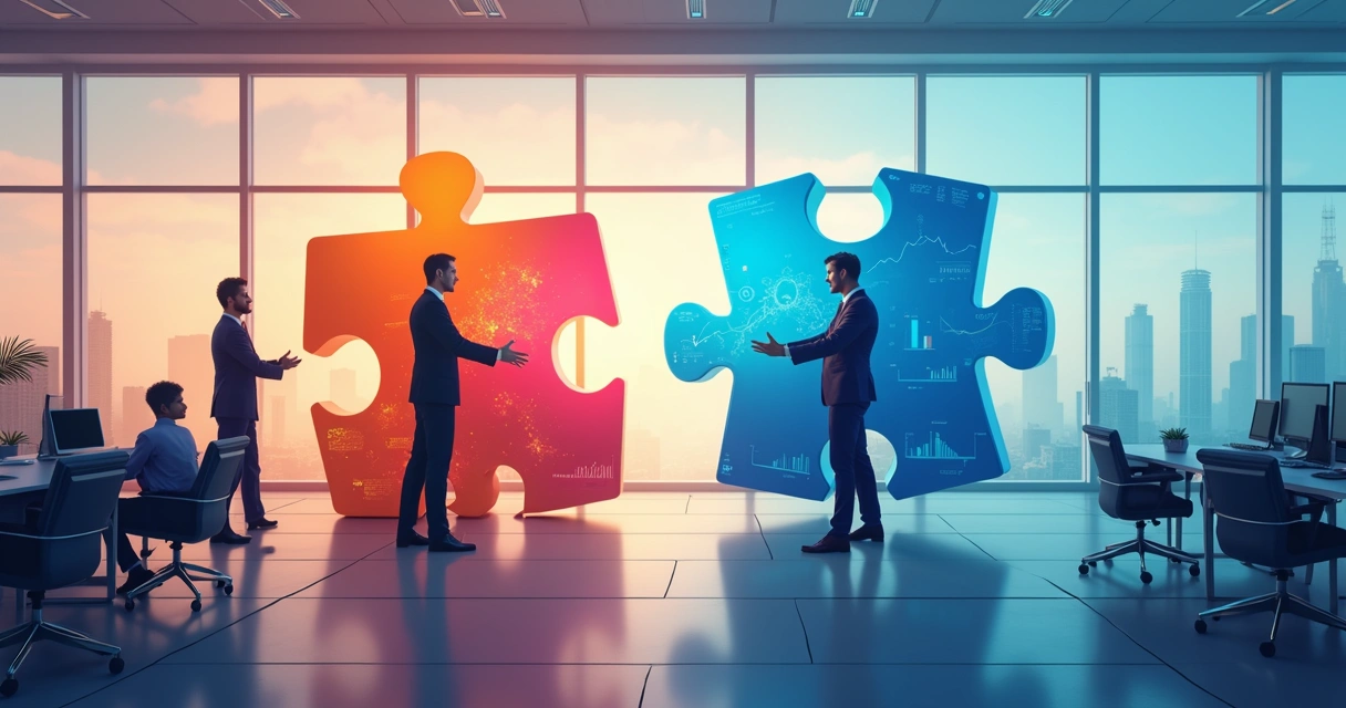 Representação de duas empresas de tecnologia se unindo em um escritório moderno