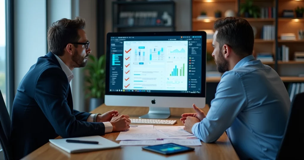 Empreendedores revisando checklist digital em tela de computador com gráficos e documentos ao redor