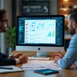 Empreendedores revisando checklist digital em tela de computador com gráficos e documentos ao redor