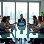 Equipe diversa reunida discutindo estratégia de crescimento em ambiente moderno de escritório