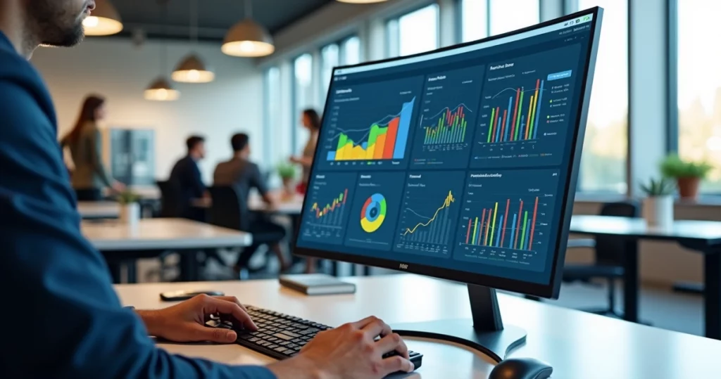 Computador com software de gestão empresarial TOTVS aberto em ambiente corporativo moderno