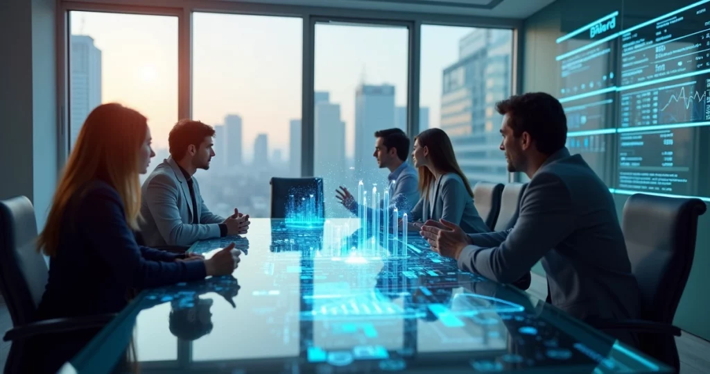 Equipe de profissionais reunida em escritório moderno analisando gráficos digitais de crescimento e estratégias de marketing B2B no computador