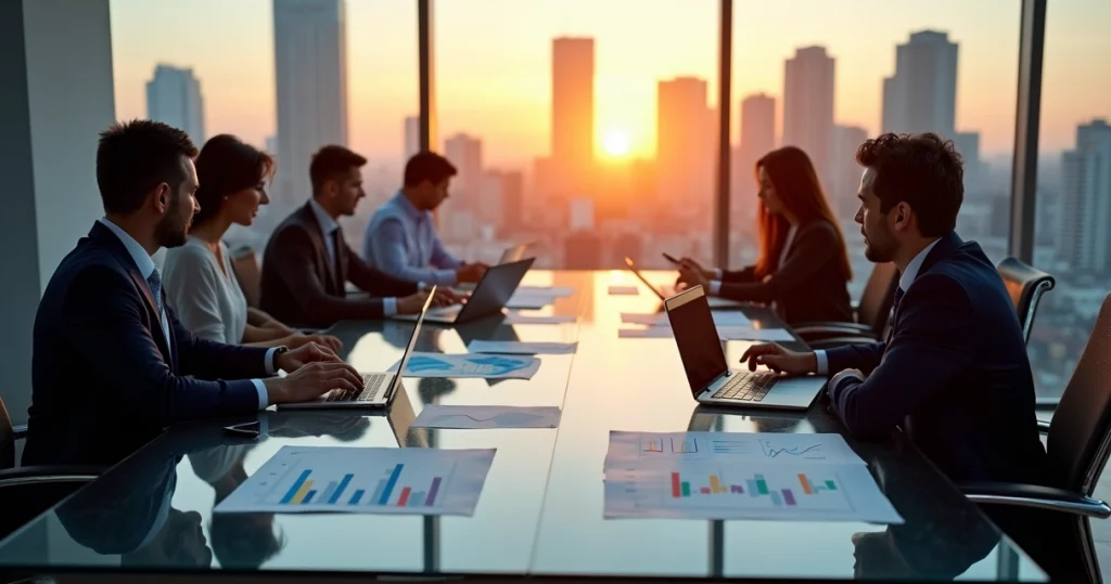 Reunião corporativa com executivos analisando gráficos financeiros sobre fusão entre Totvs e Linx