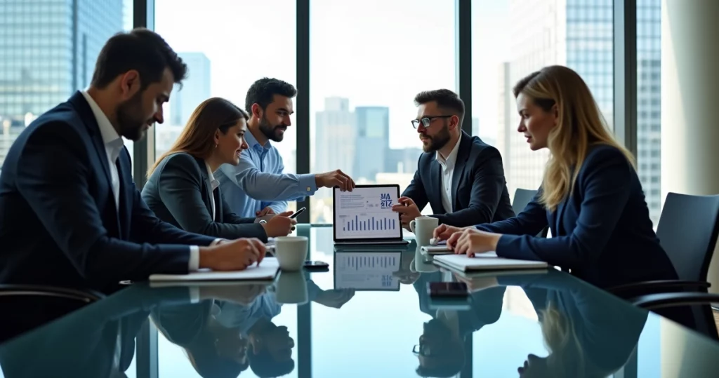 Executivos em reunião profissional discutindo estratégias de investimento em ambiente corporativo moderno