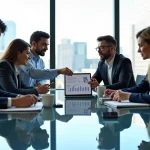 Executivos em reunião profissional discutindo estratégias de investimento em ambiente corporativo moderno