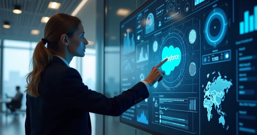 Interface moderna de plataforma Salesforce mostrando dashboard de vendas, gráficos e dados em nuvem com elementos digitais ao fundo