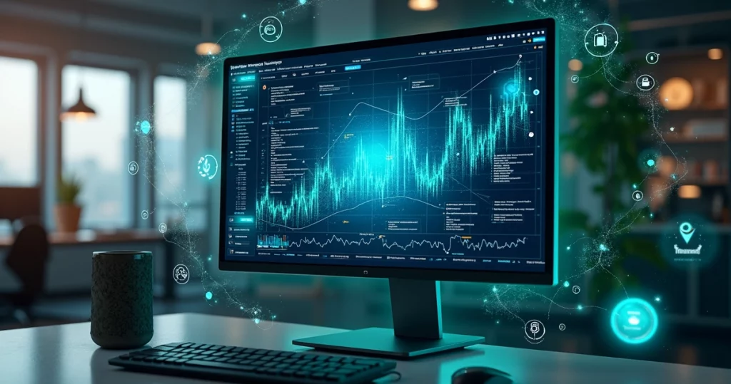 Tela de computador exibindo gráficos digitais e códigos de tokenização com elementos tecnológicos ao redor