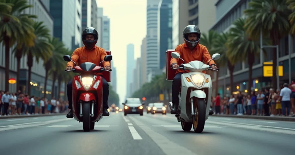 Dois motociclistas de delivery competindo em rua movimentada de São Paulo, com prédios altos ao fundo e pessoas andando nas calçadas