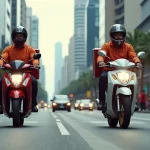 Dois motociclistas de delivery competindo em rua movimentada de São Paulo, com prédios altos ao fundo e pessoas andando nas calçadas