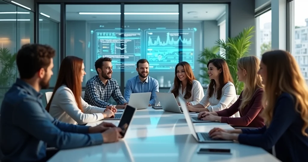 Equipe diversa reunida em uma sala moderna, colaborando em projeto de tecnologia com laptops e telas digitais