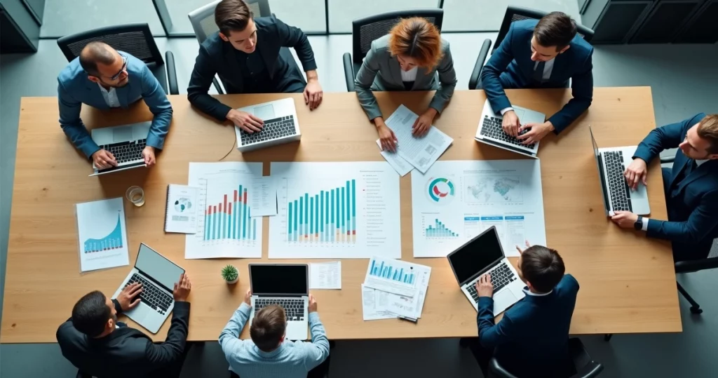 Mesa de reunião com pessoas discutindo gráficos e documentos sobre reforma tributária para startups de tecnologia