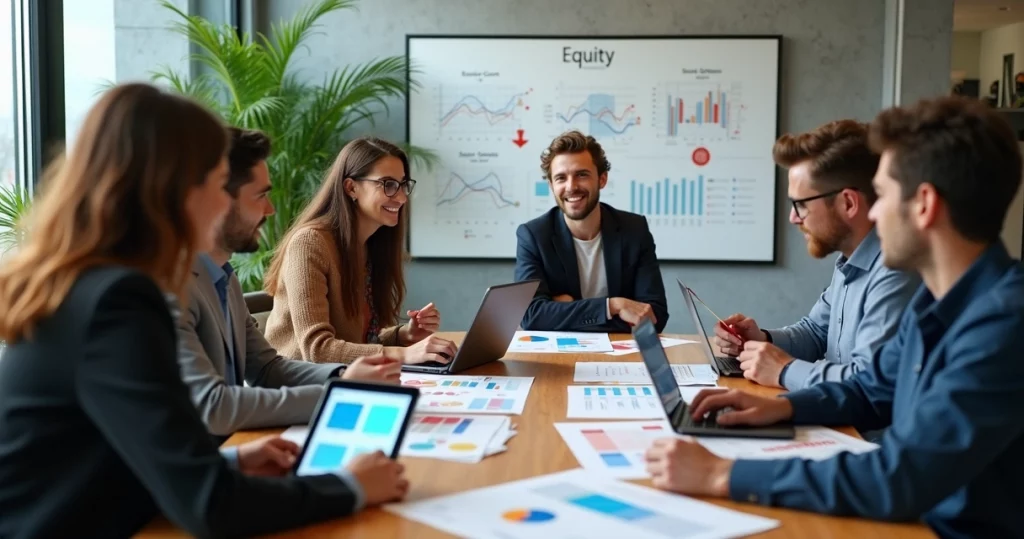 Mesa de reunião com equipe de startup discutindo remuneração com papéis mostrando gráficos sobre opções e ações