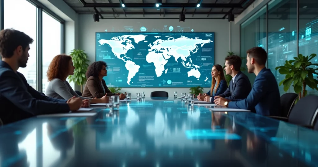 Equipe de startup reunida em sala moderna com mapas e gráficos digitais ao fundo
