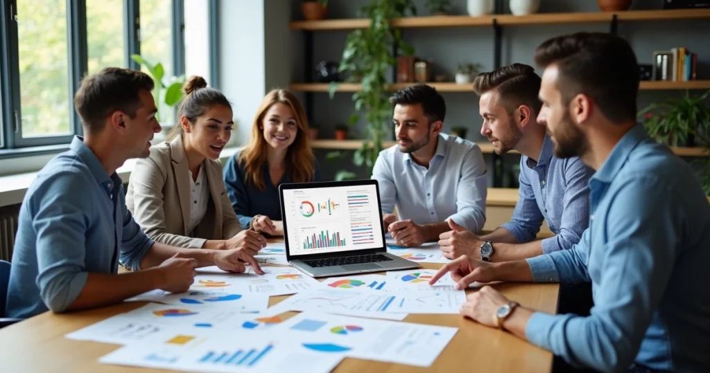 Mesa de reunião moderna com empreendedores discutindo cap table em laptop e documentos