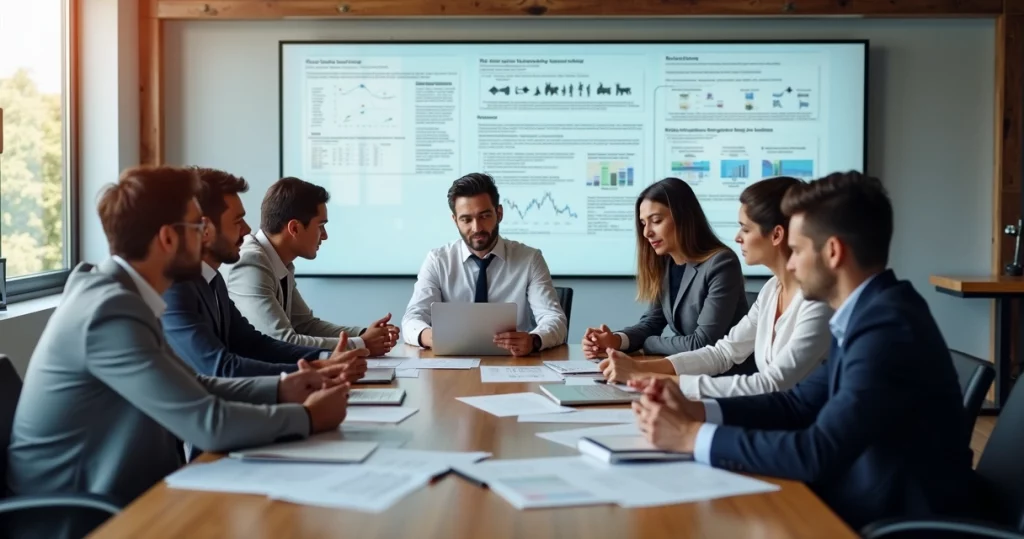 Mesa de reunião com empreendedores analisando documentos regulatórios em escritório moderno e iluminado