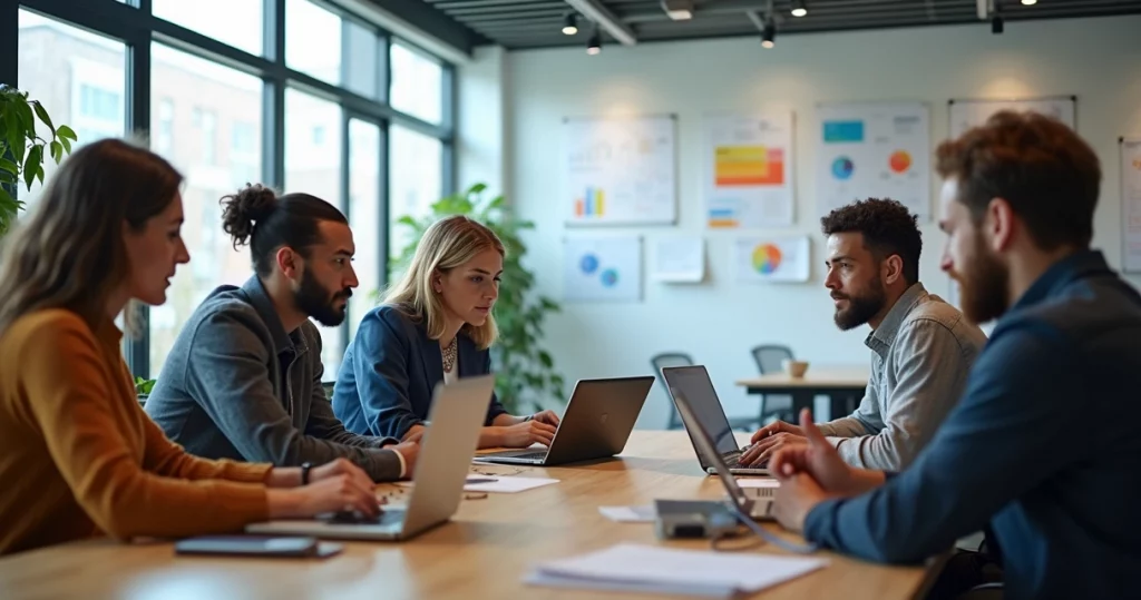 Equipe diversa de profissionais de tecnologia colaborando em ambiente moderno de escritório
