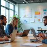 Equipe diversa de profissionais de tecnologia colaborando em ambiente moderno de escritório