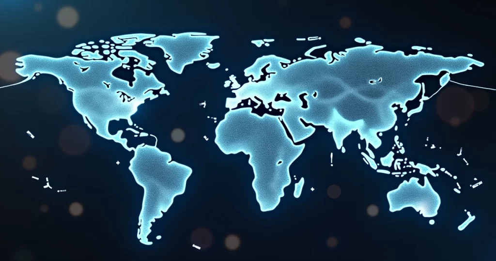 Mapa-mundi digital com rotas de expansão entre cidades globais em marketplace B2B