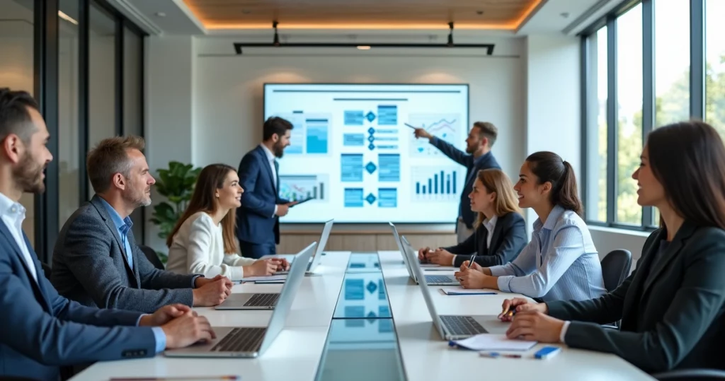 Equipe diversa reunida em sala moderna discutindo governança corporativa em startup de tecnologia