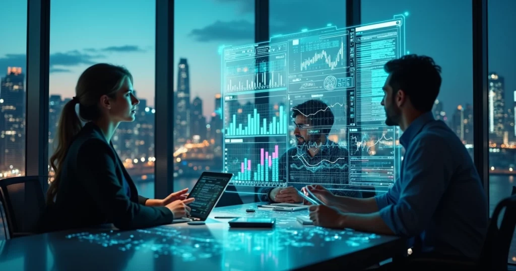 Startup de tecnologia analisando dados financeiros digitais em telas holográficas futuristas
