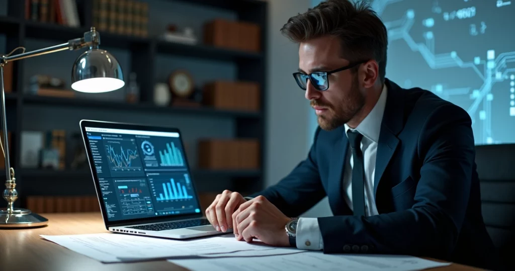 Advogado analisando documentos jurídicos com laptop aberto mostrando gráficos tecnológicos no escritório moderno