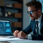 Advogado analisando documentos jurídicos com laptop aberto mostrando gráficos tecnológicos no escritório moderno